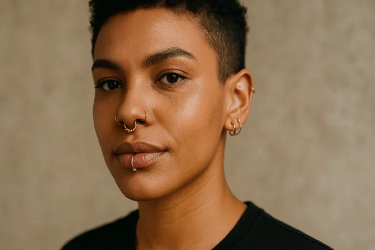 Person with various body jewelry expressing individuality and style. Person with various body jewelry expressing individuality and style.
