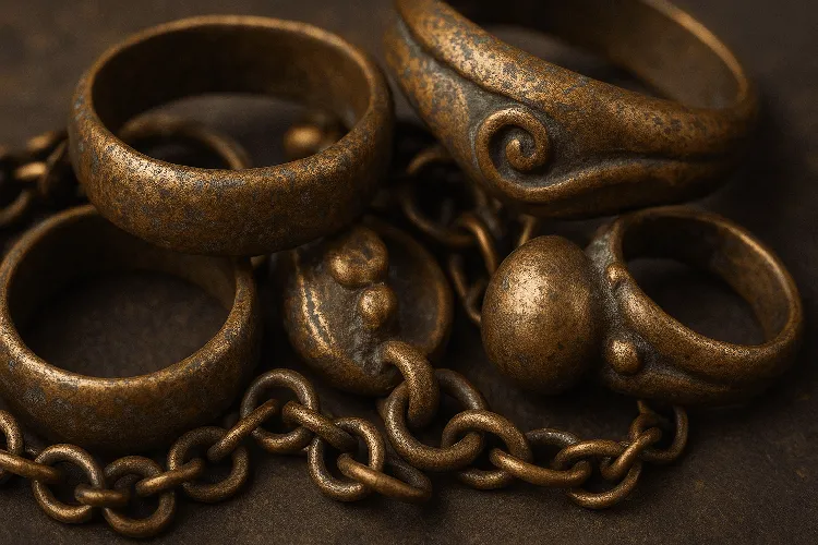 Tarnished brass jewelry with natural patina. Tarnished brass jewelry with natural patina.