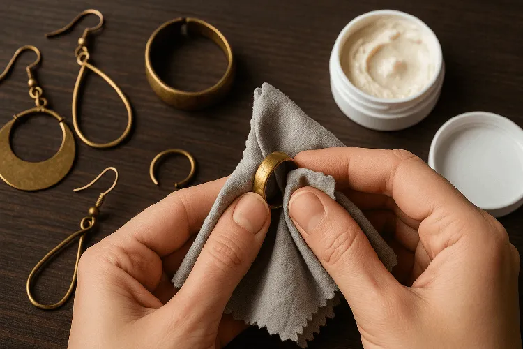 Cleaning brass jewelry with polishing cloth Cleaning brass jewelry with polishing cloth