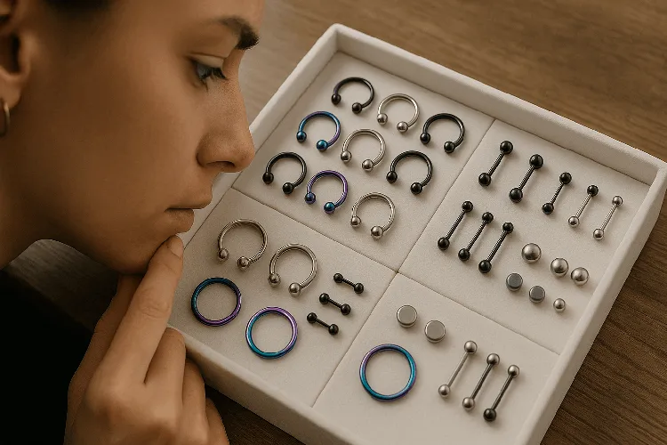 Person selecting body jewelry materials like titanium and surgical steel. Person selecting body jewelry materials like titanium and surgical steel.
