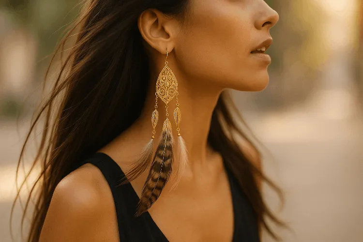 Flowing dangle earrings with intricate designs. Flowing dangle earrings with intricate designs.
