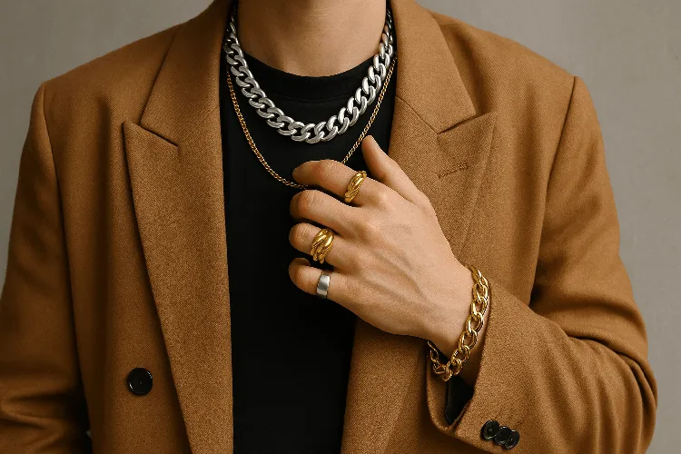 Fashionable individual showcasing mixed metal jewelry. Fashionable individual showcasing mixed metal jewelry.