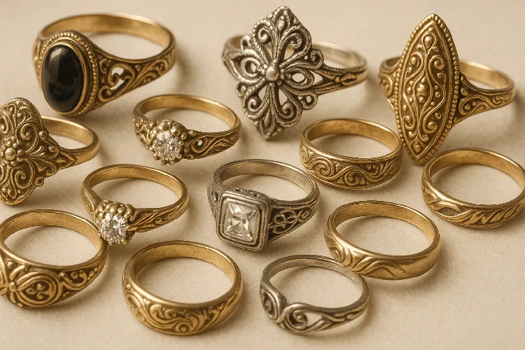 Gold and silver rings with cultural symbols. Gold and silver rings with cultural symbols.