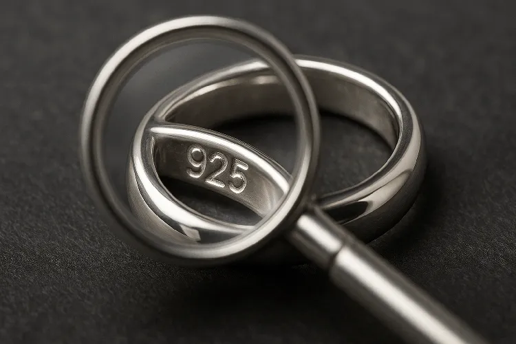 Magnifying glass highlighting 925 stamp on sterling silver jewelry Magnifying glass highlighting 925 stamp on sterling silver jewelry