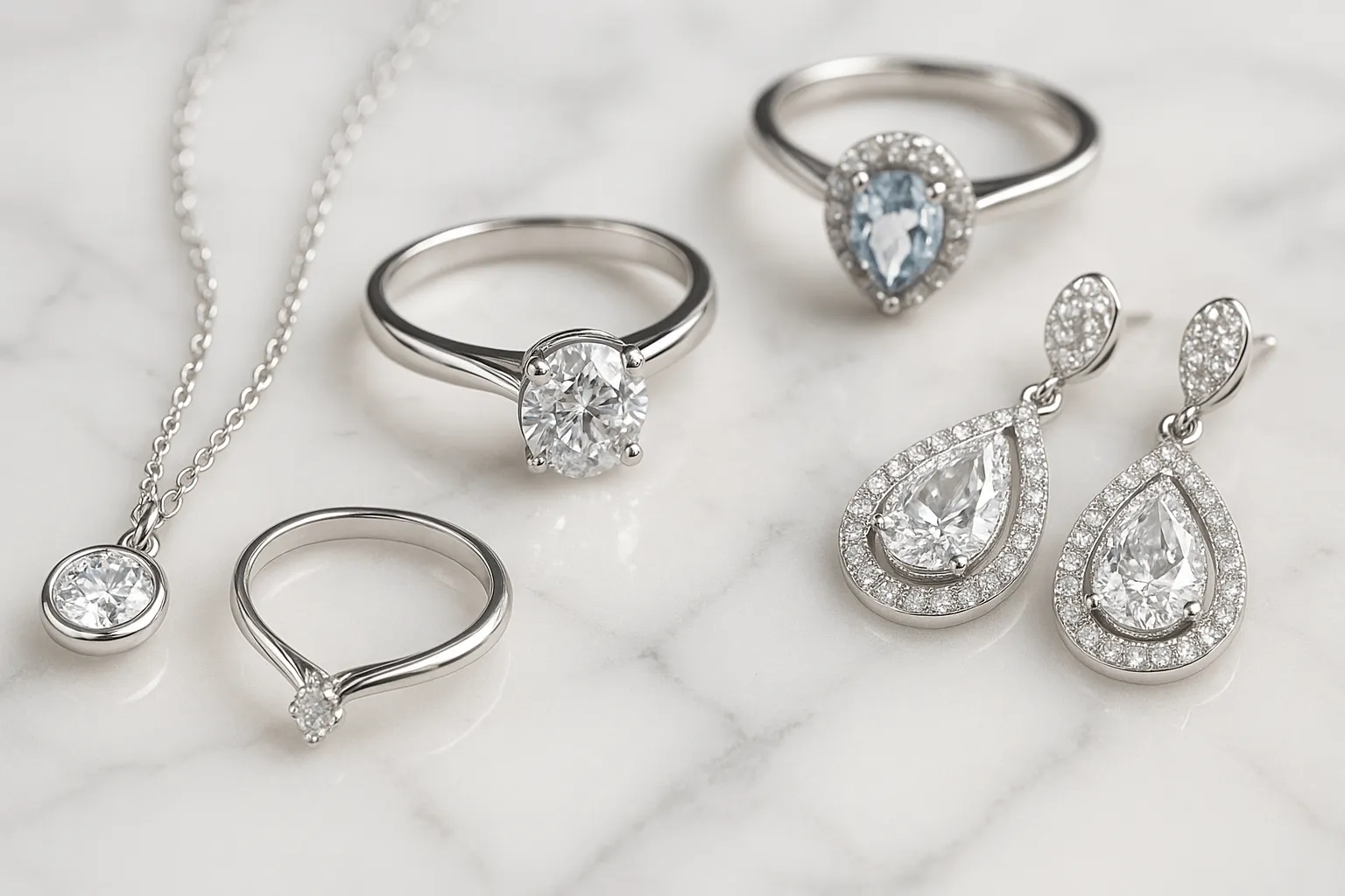 Elegant sterling silver jewelry with diamonds on a marble surface