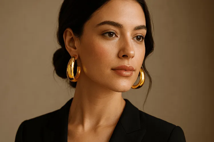 Woman wearing stylish brass earrings Woman wearing stylish brass earrings