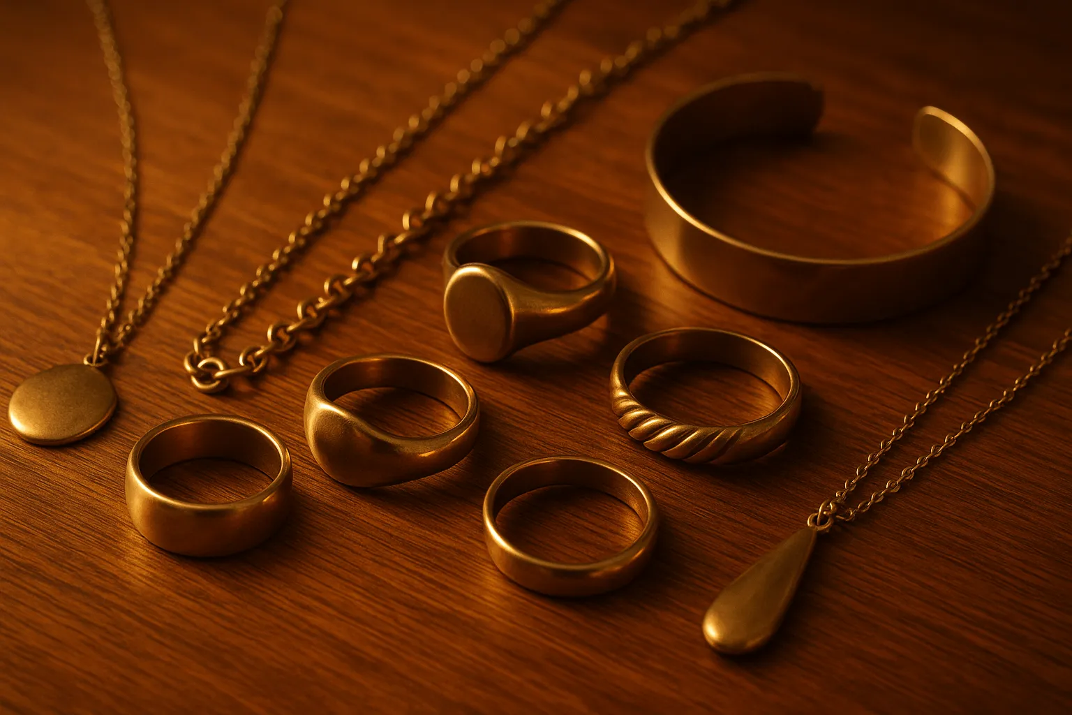 Brass jewelry collection with golden shine on wooden surface