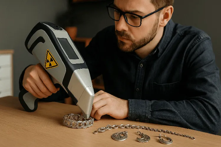 Jeweler performing XRF analysis on silver jewelry. Jeweler performing XRF analysis on silver jewelry.