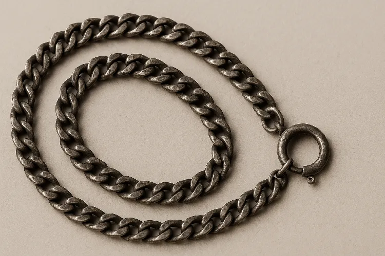 Tarnished silver necklace showing signs of dullness and tarnish. Tarnished silver necklace showing signs of dullness and tarnish.