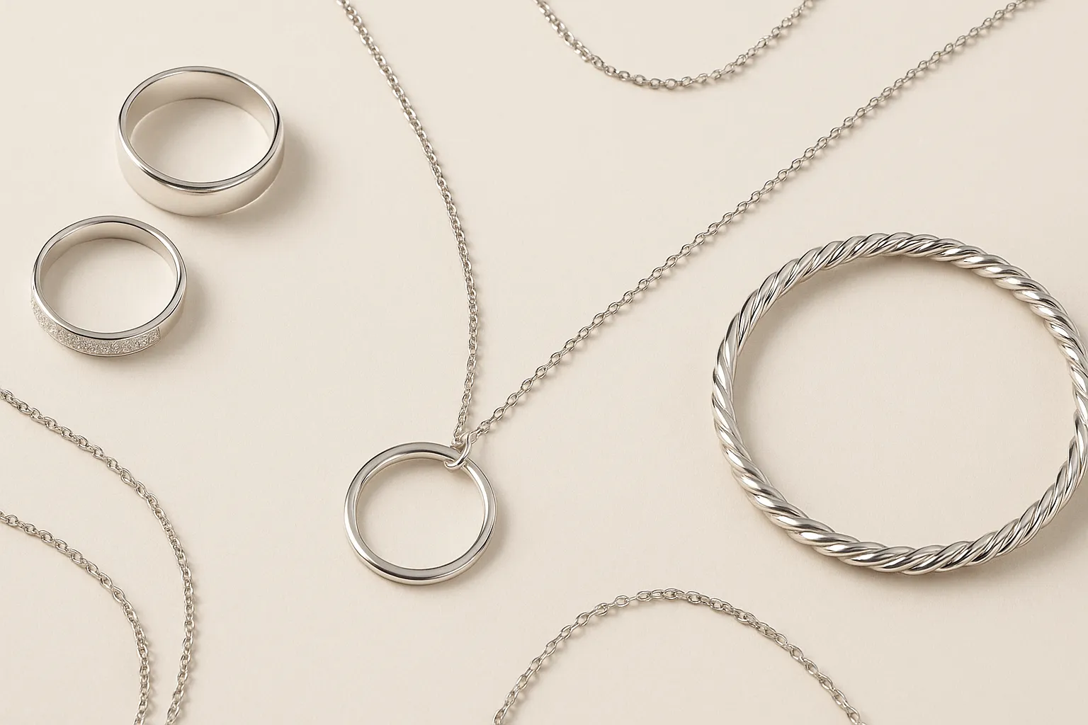 Elegant silver jewelry sparkling on a light background.