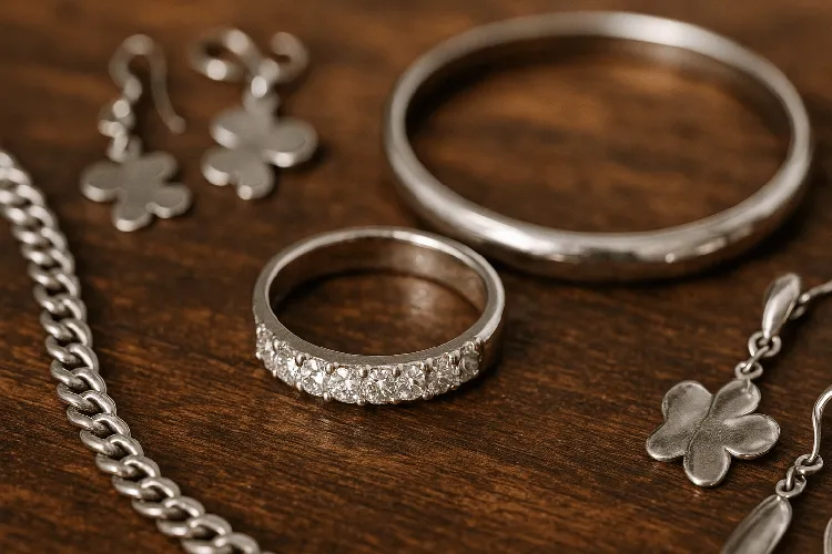 Close-up of sterling silver ring and silver-plated jewelry Close-up of sterling silver ring and silver-plated jewelry