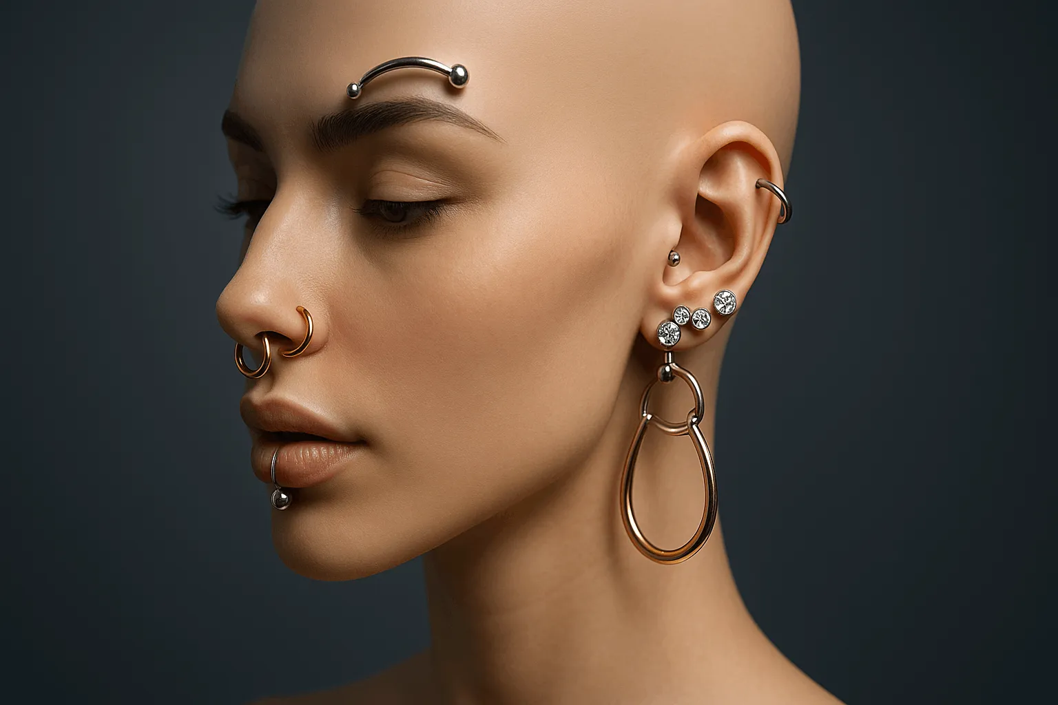 Body jewelry collection featuring earrings, nose rings, and lip piercings.