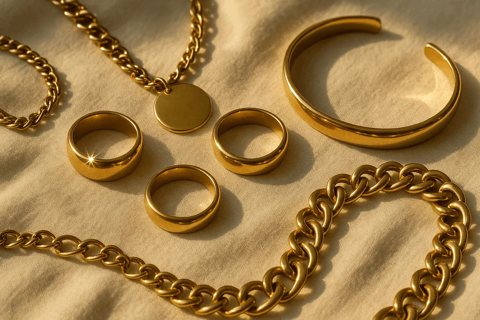 Beautiful brass jewelry shining under soft light.