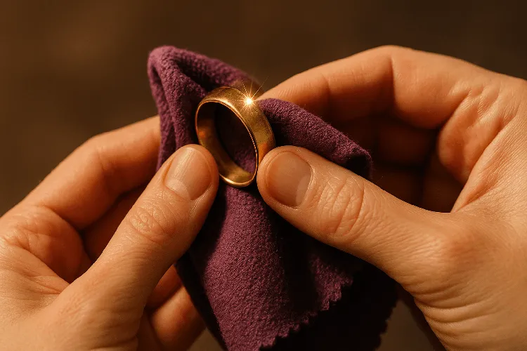 Brass jewelry being polished with a soft cloth Brass jewelry being polished with a soft cloth