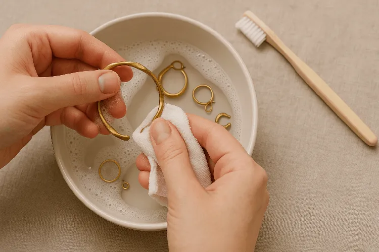 Cleaning brass jewelry with mild soap and water Cleaning brass jewelry with mild soap and water