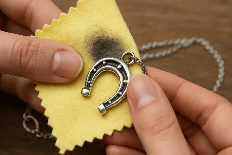 Polishing silver jewelry with a cloth showing tarnish. Polishing silver jewelry with a cloth showing tarnish.