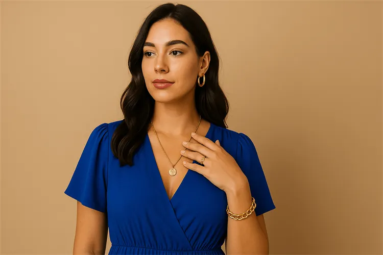 Matching jewelry with outfits - gold jewelry and blue dress Matching jewelry with outfits - gold jewelry and blue dress