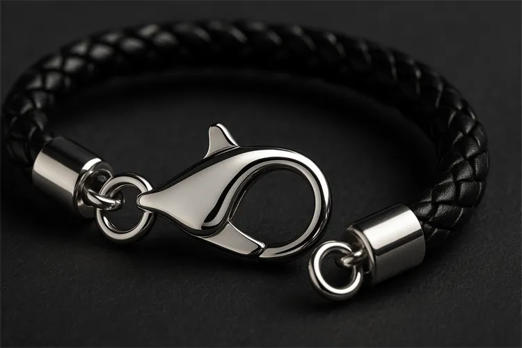 Silver lobster clasp on bracelet. Silver lobster clasp on bracelet.