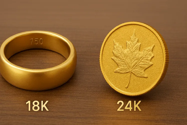 Side-by-side comparison of 18k gold ring and 24k gold coin. Side-by-side comparison of 18k gold ring and 24k gold coin.
