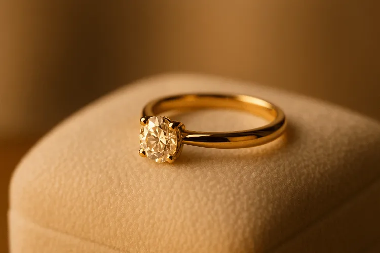 Elegant 18k gold engagement ring with soft lighting. Elegant 18k gold engagement ring with soft lighting.