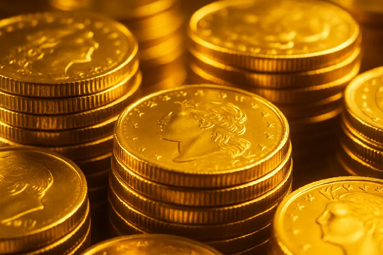 Pure gold coins with rich yellow luster.e Pure gold coins with rich yellow luster.