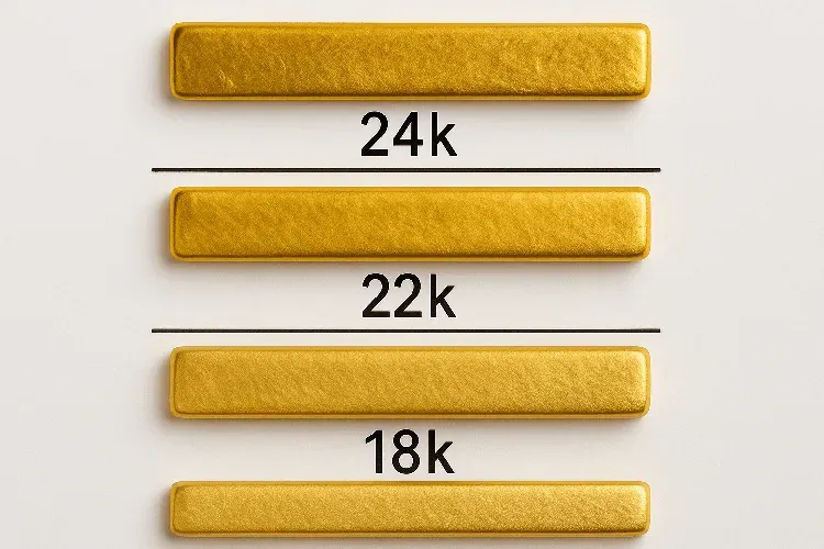 Comparison of 24k, 22k, 18k, and 14k gold samples. Comparison of 24k, 22k, 18k, and 14k gold samples.