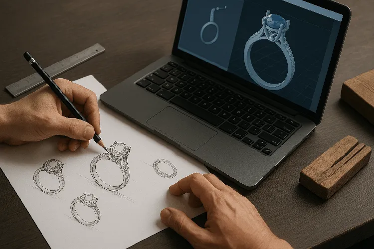Jewelry sketches and CAD model representing custom jewelry design Jewelry sketches and CAD model representing custom jewelry design