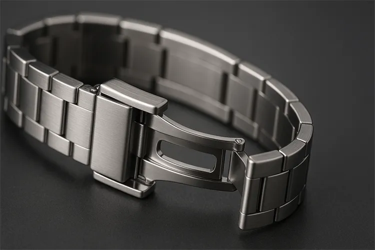 Foldover clasp on modern bracelet. Foldover clasp on modern bracelet.