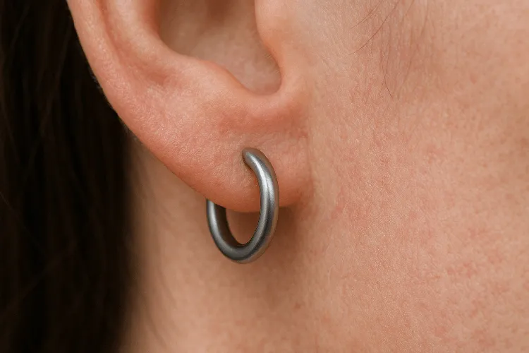 A close-up of a titanium ring or earring being worn by a person with sensitive skin, emphasizing comfort and hypoallergenic benefits. A close-up of a titanium ring or earring being worn by a person with sensitive skin, emphasizing comfort and hypoallergenic benefits.