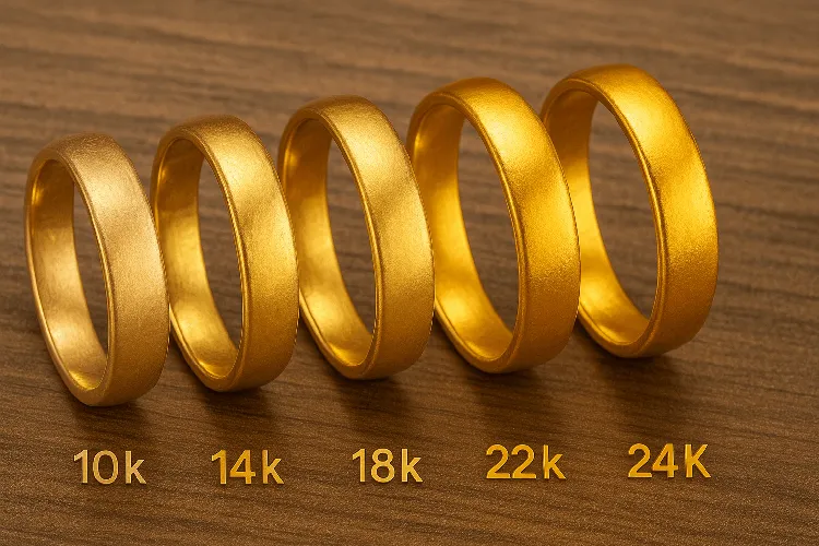 Comparison of gold karatages with different shades and textures. Comparison of gold karatages with different shades and textures.