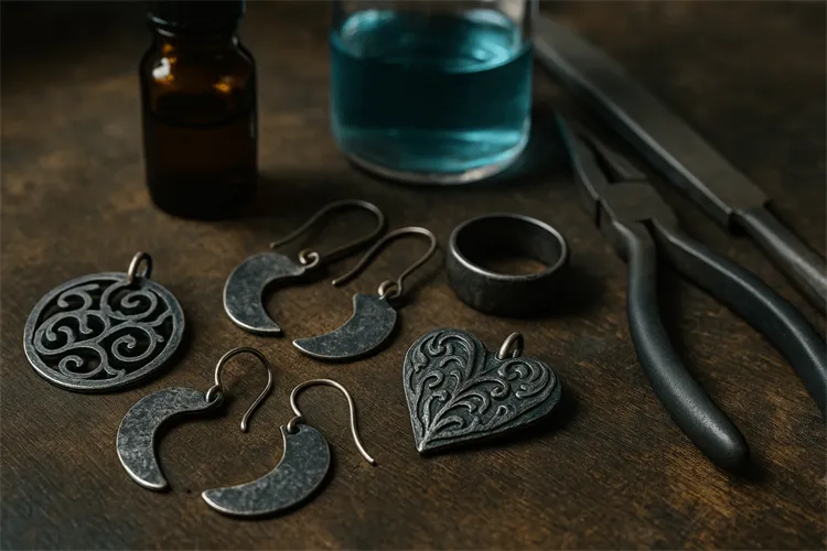 Oxidized silver jewelry production process. Oxidized silver jewelry production process.