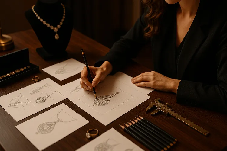 Jewelry designer working on high-end, creative designs for luxury pieces. Jewelry designer working on high-end, creative designs for luxury pieces.