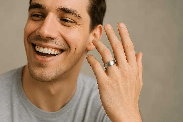 Comfortable titanium ring worn by a happy person. Comfortable titanium ring worn by a happy person.