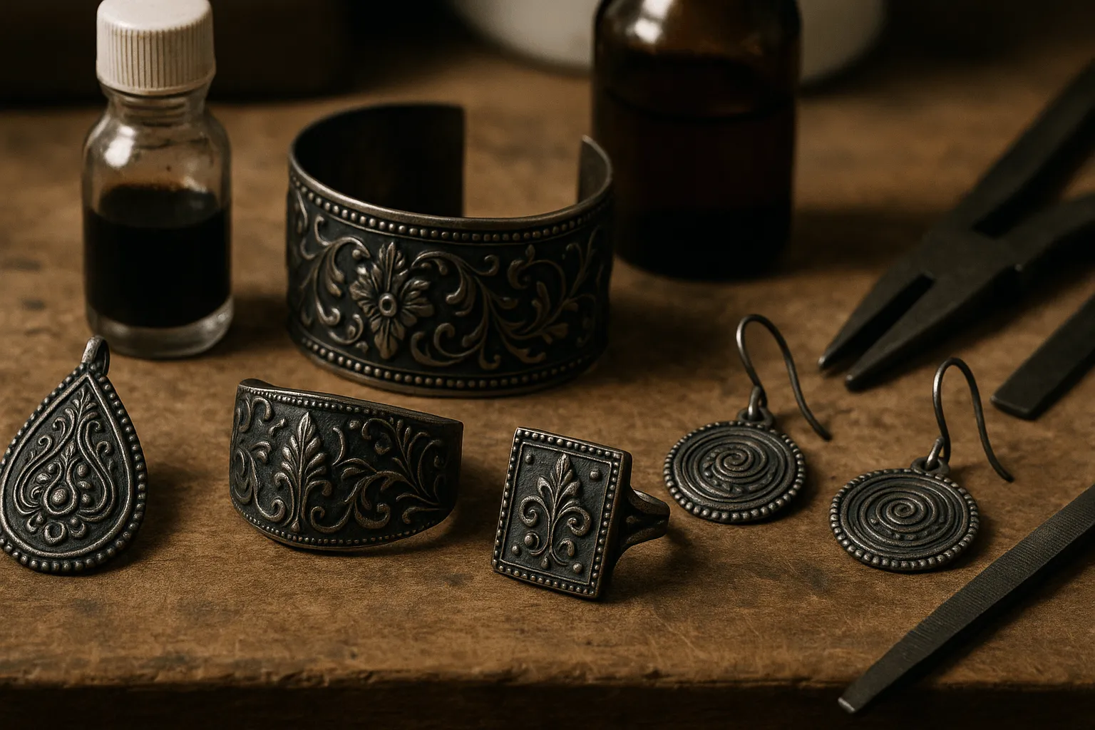 Intricate oxidized silver jewelry with vintage look.