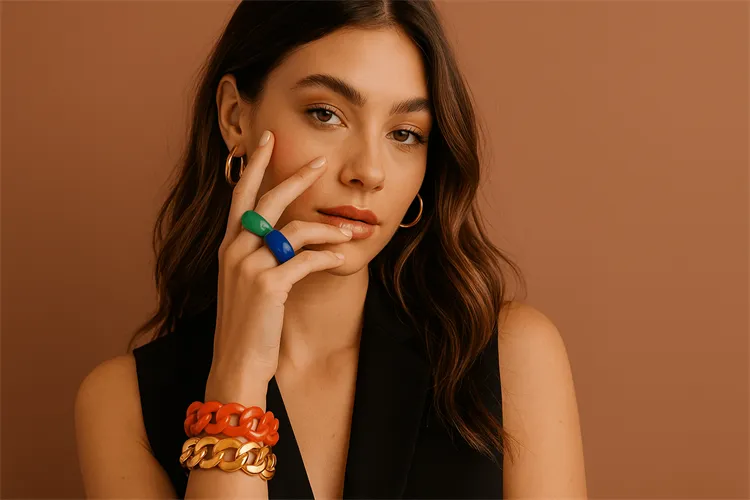 Trendy jewelry pieces - chunky rings and colorful bracelets Trendy jewelry pieces - chunky rings and colorful bracelets