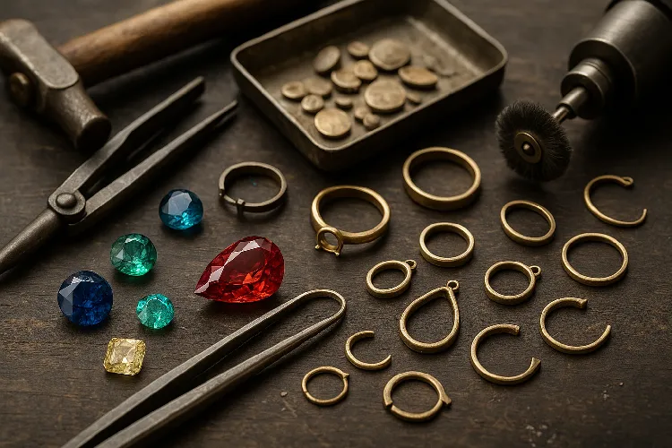 Jewelry manufacturing workspace with tools and gemstones. Jewelry manufacturing workspace with tools and gemstones.