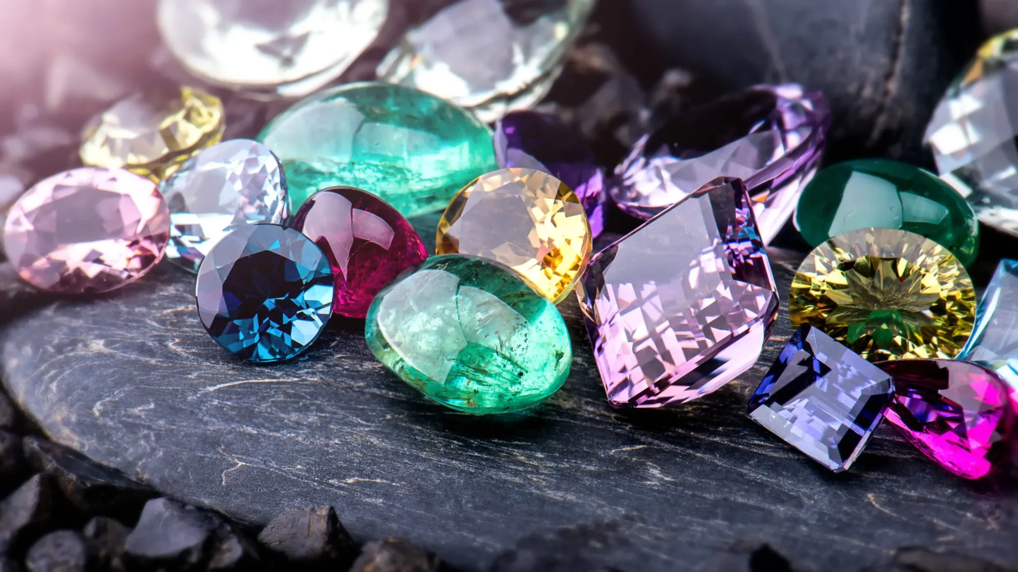 Colorful gemstones on dark slate