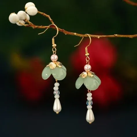 Floral earrings with pearls and beads on branch Floral earrings with pearls and beads on branch