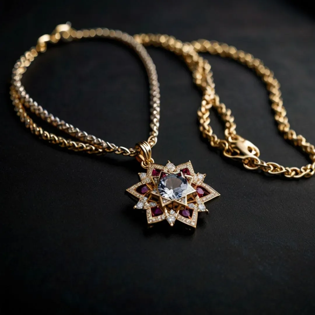 Gold necklace with a gemstone pendant on a black background