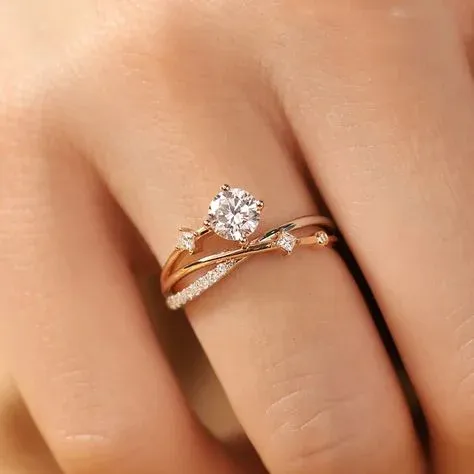 Gold ring with solitaire diamond on finger Gold ring with solitaire diamond on finger