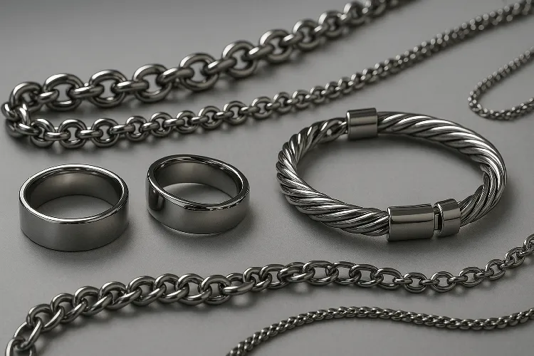 Collection of titanium jewelry with modern design. Collection of titanium jewelry with modern design.