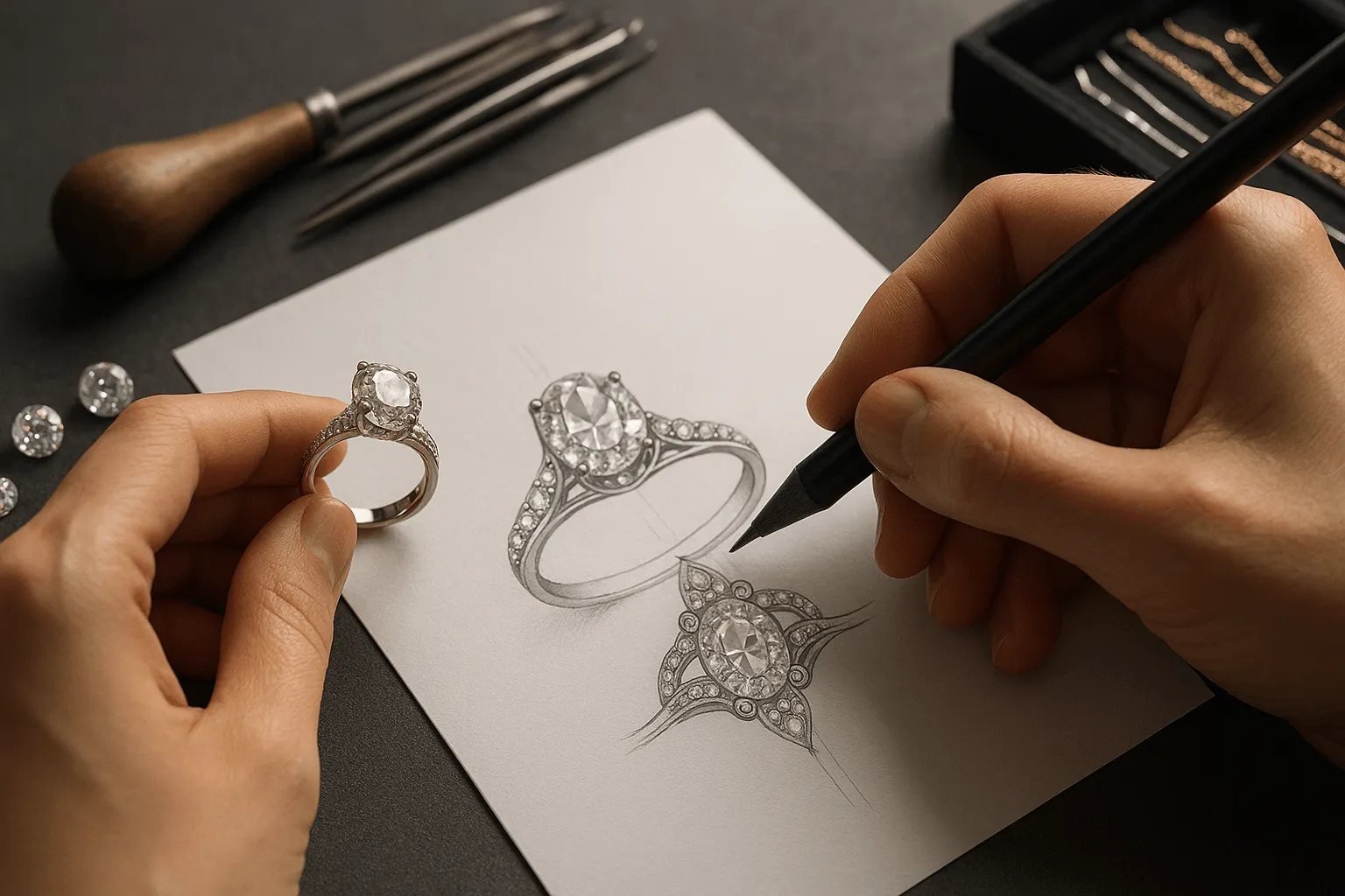 Custom jewelry design process featuring elegant diamonds and craftsmanship