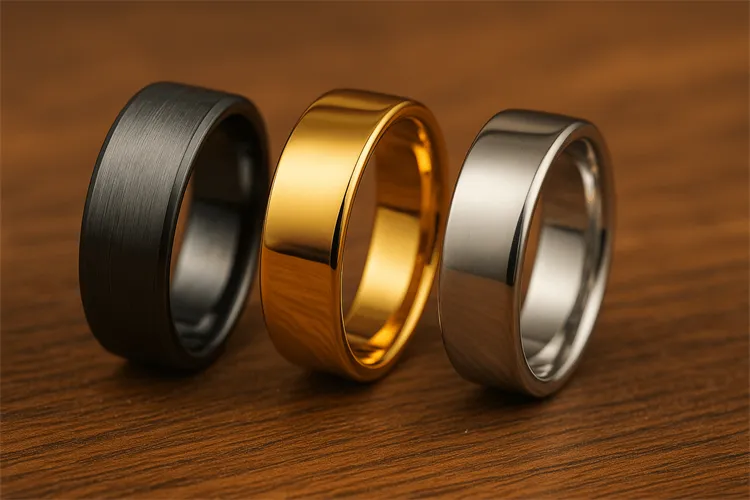 Tungsten, gold, and platinum rings comparison Tungsten, gold, and platinum rings comparison