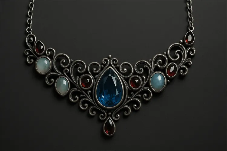 Elegant oxidized silver necklace with gemstones. Elegant oxidized silver necklace with gemstones.