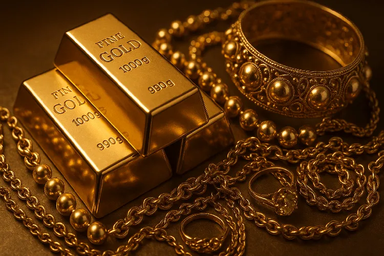 Gold bars and jewelry symbolizing wealth. Gold bars and jewelry symbolizing wealth.