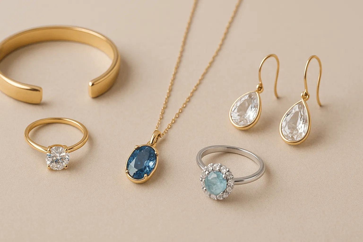 elegant jewelry collection featuring gold, silver, and gemstones