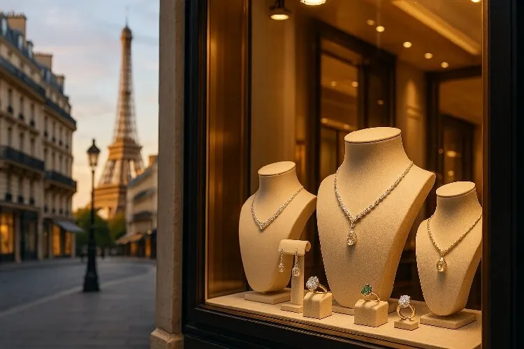 Parisian jewelry store window displaying beautiful, high-end designs Parisian jewelry store window displaying beautiful, high-end designs