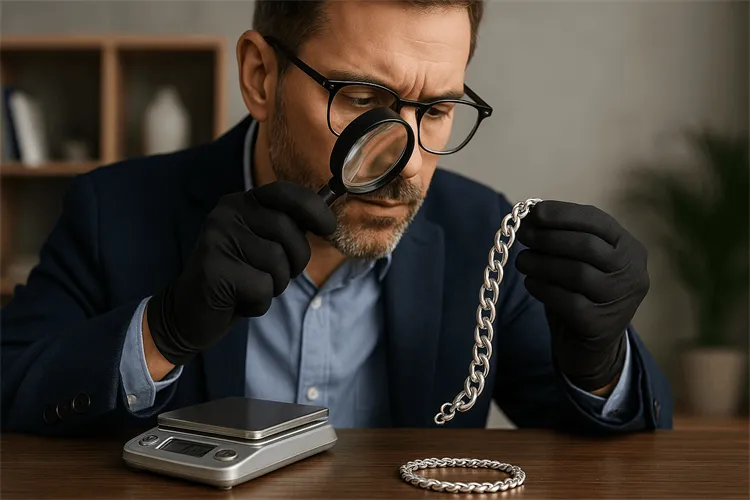 expert evaluating sterling silver bracelet expert evaluating sterling silver bracelet