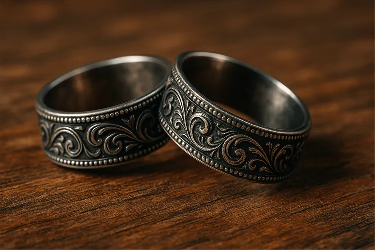 Oxidized silver rings with detailed designs. Oxidized silver rings with detailed designs.