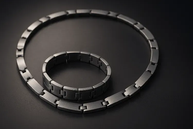 Sleek and stylish titanium jewelry set. Sleek and stylish titanium jewelry set.